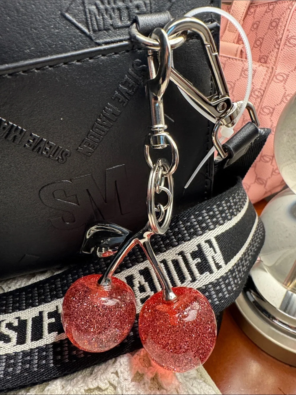 Pink Glitter Cherry Keychain Bag Charm